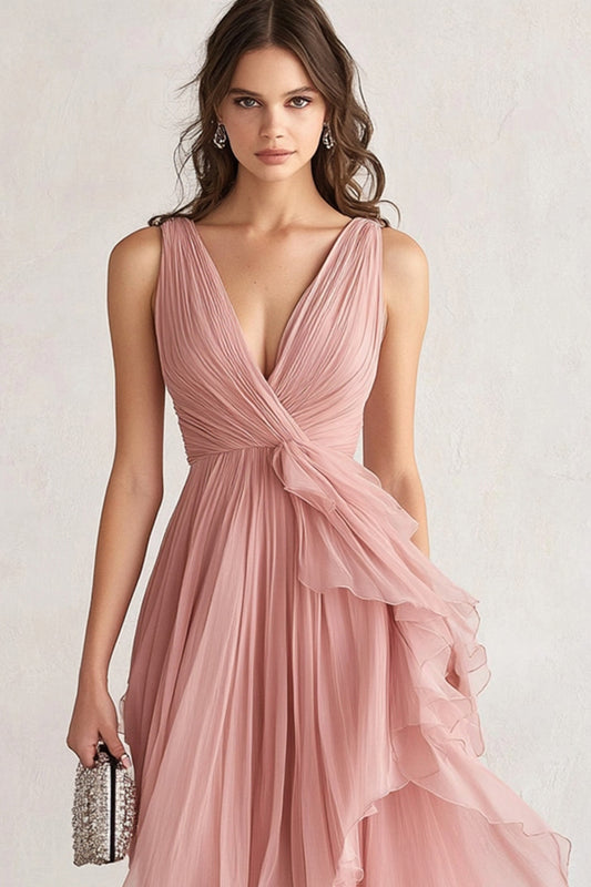 A Line V-Neck Asymmetrical Blush Prom Dress with Pleats