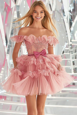 Blush Organza A Line Short Ruffled Homecoming Dress with Appliques