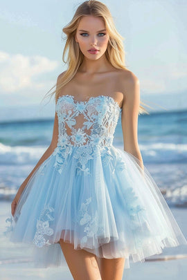 Sky Blue Tulle A Line Strapless Short Hmecoming Dress with Lace