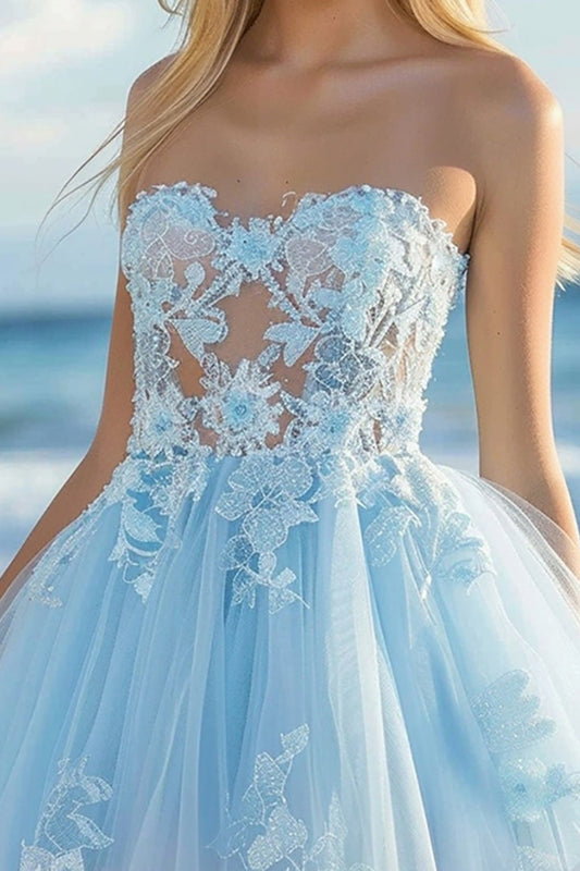 Sky Blue Tulle A Line Strapless Short Hmecoming Dress with Lace
