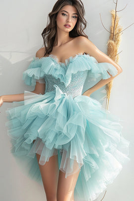 Sparkly Light Green Organza Short Tiered Homecoming Dress