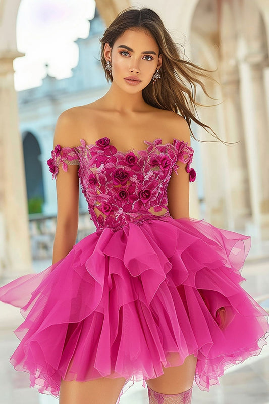 Fuchsia A Line Floral Organza Short Homecoming Dress with Appliques