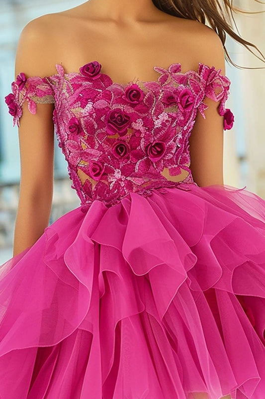 Fuchsia A Line Floral Organza Short Homecoming Dress with Appliques