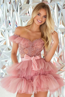 Sparkly Blush A Line Tulle Short Homecoming Dress with Bow