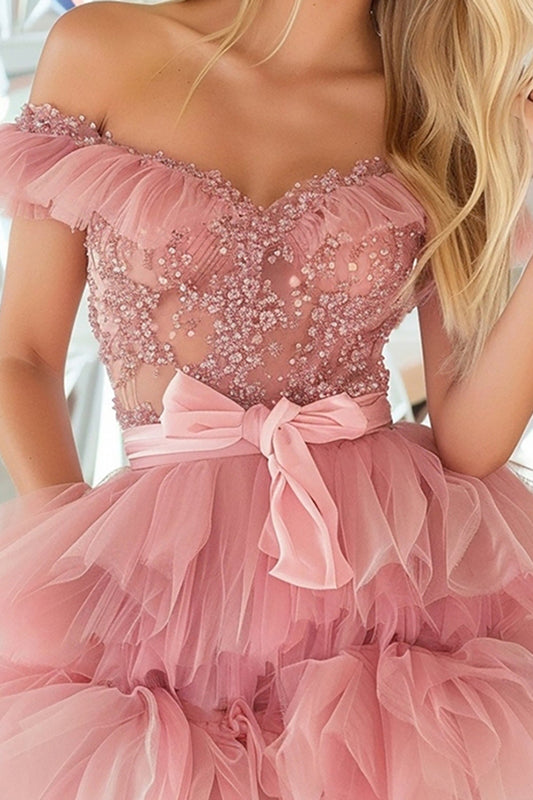 Sparkly Blush A Line Tulle Short Homecoming Dress with Bow