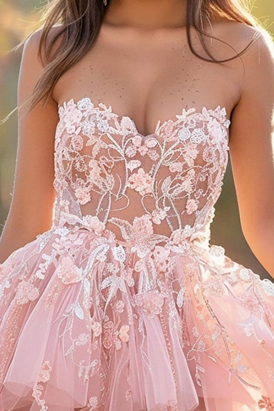 Blush Tulle Strapless Short Homecoming Dress with Lace