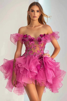 Floral Fuchsia A Line Off the Shoulder Short Homecoming Dress with Appliques