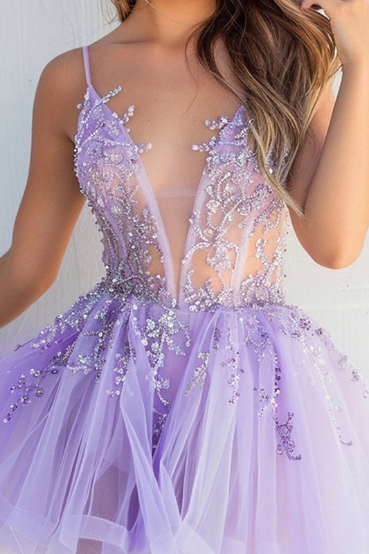 Sparkly Lilac A Line Short Tulle Homecoming Dress with Appliques