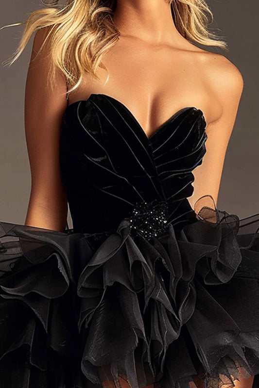 Black Tulle A Line Short Sweetheart Homecoming Dress with Ruffles