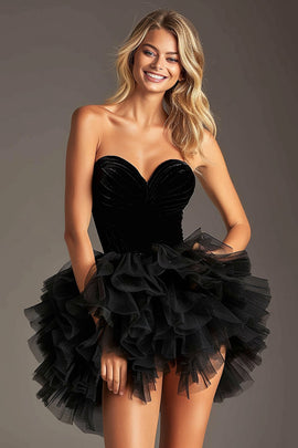 Black A Line Sweetheart Short Tulle Homecoming Dress with Ruffles