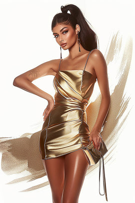 Golden Bodycon Ruched Short SatinHomecoming Dress
