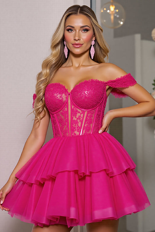 Fuchsia Corset Tulle Short A Line Homecoming Dress with Appliques