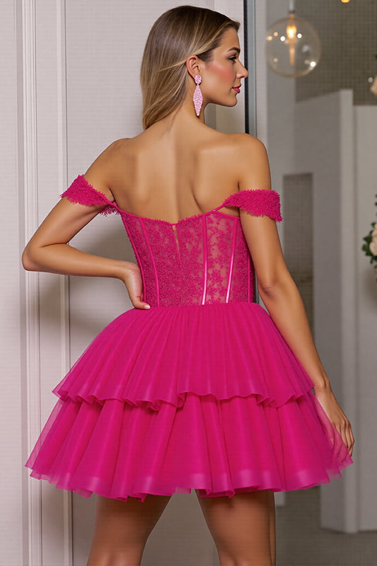 Fuchsia Corset Tulle Short A Line Homecoming Dress with Appliques