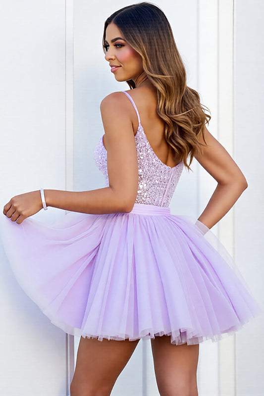 Sparkly Lilac Corset A Line Short Tulle Homecoming Dress