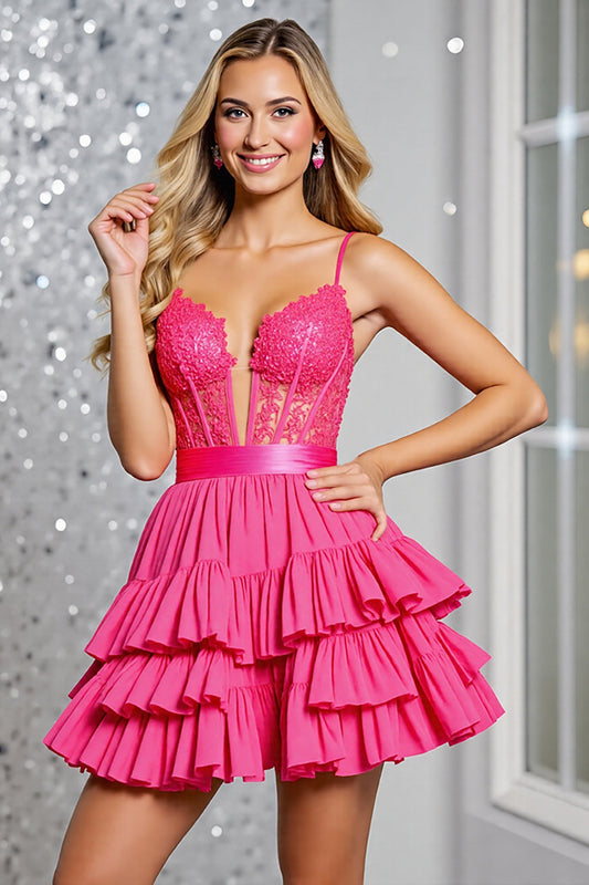 Fuchsia Corset A Line Short Tiered Homecoming Dress with Appliques