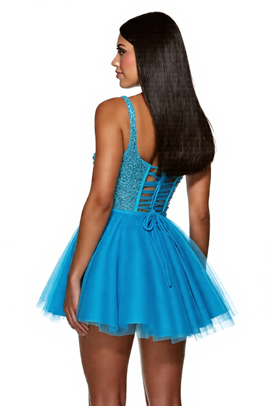 Sparkly Sky Blue Corset A Line One Shoulder Short Tulle Homecoming Dress