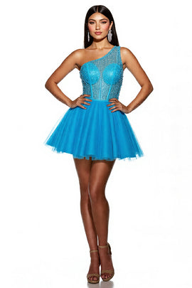 Sparkly Sky Blue Corset A Line One Shoulder Short Tulle Homecoming Dress