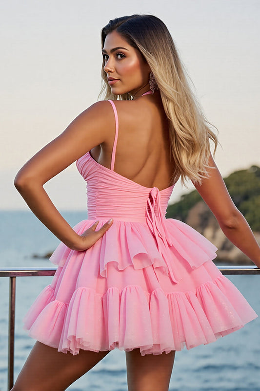 Pink A Line Tulle Spaghetti Straps Short Tiered Homecoming Dress