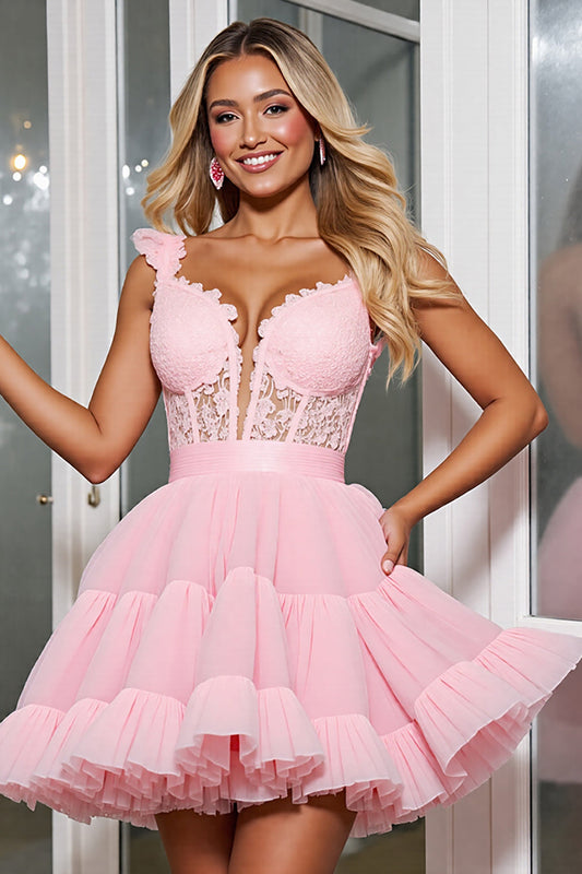 Light Pink Corset A Line Tulle Short Homecoming Dress with Appliques