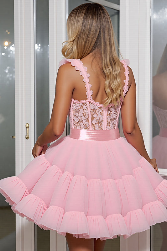Light Pink Corset A Line Tulle Short Homecoming Dress with Appliques