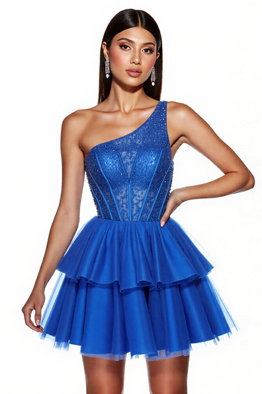 Royal Blue Corset A Line One Shoulder Short Tulle Homecoming Dress