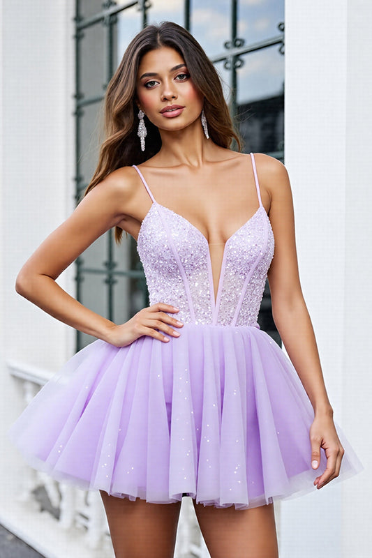 Sparkly Lilac Tulle A Line Short Corset Homecoming Dress