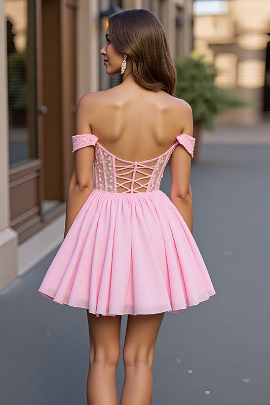Sparkly Pink Tulle A Line Off the Shoulder Short Corset Homecoming Dress