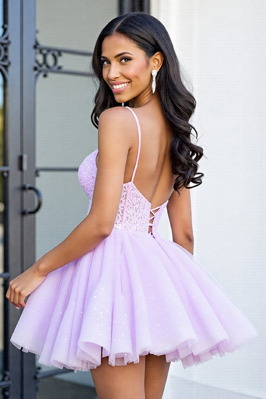 Lilac Corset A Line Tulle Short Homecoming Dress with Lace