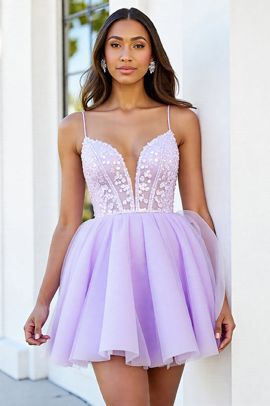 Sparkly Lilac Corset Short Tulle A Line Homecoming Dress