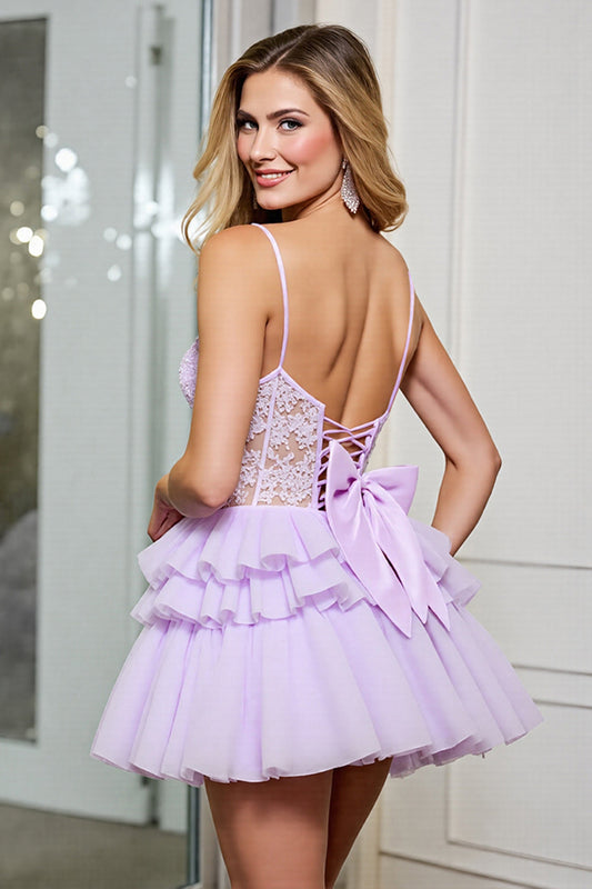 Corset Lilac Tulle Short A Line Homecoming Dress with Bows