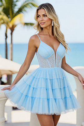 Light Blue Corset Tulle A Line Short Homecoming Dress with Beading