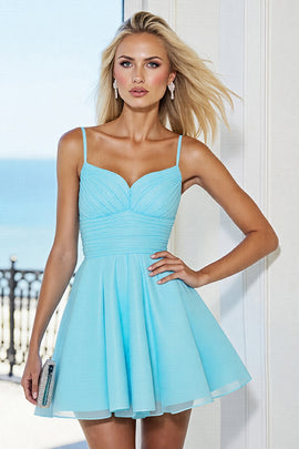 Blue Tulle A Line Short Spaghetti Straps Homecoming Dress with Bow