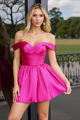 Fuchsia Satin A Line Off the Shoulder Short Homecoming Dress