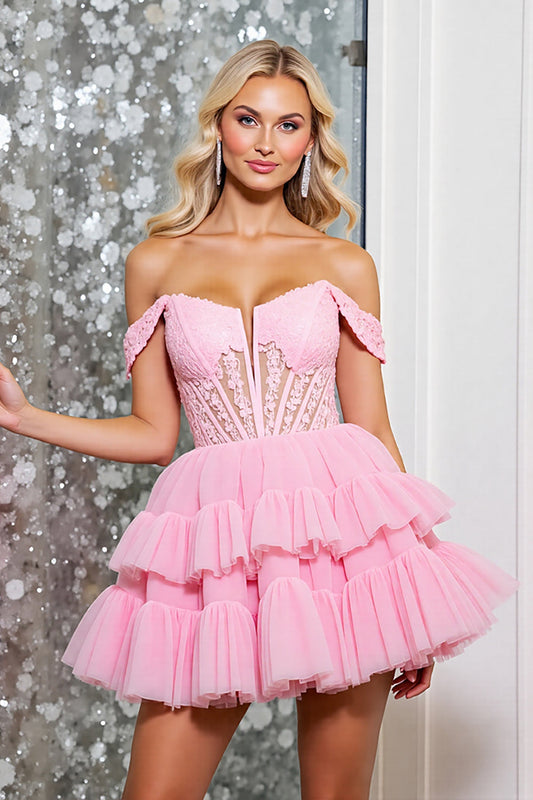 Corset Pink Tulle Short A Line Homecoming Dress with Appliques