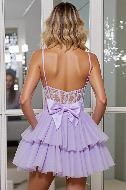 Lilac Corset Tulle A Line Short Homecoming Dress with Bows