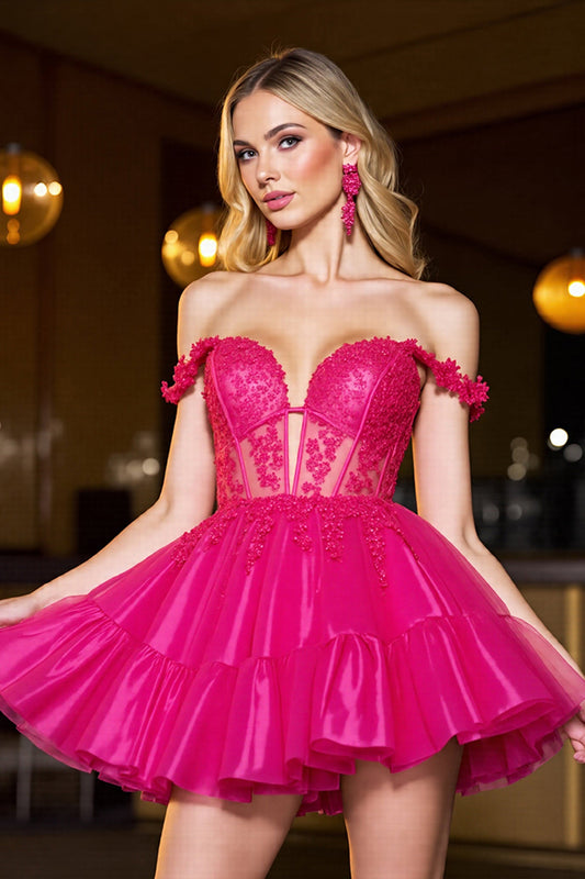 Fuchsia Tulle Corset A Line Short Homecoming Dress with Lace