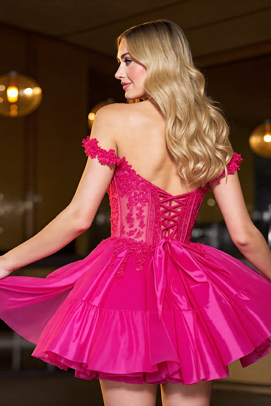 Fuchsia Tulle Corset A Line Short Homecoming Dress with Lace