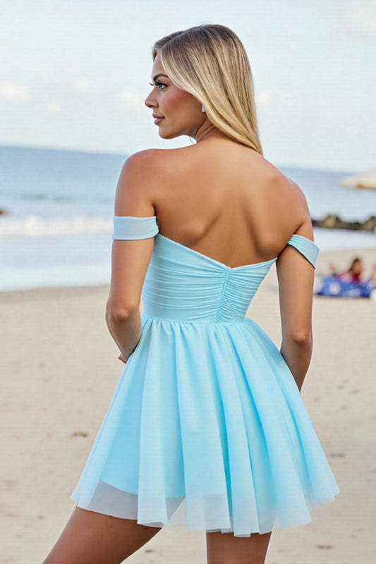 Light Blue Tulle Off the Shoulder A Line Short Homecoming Dress