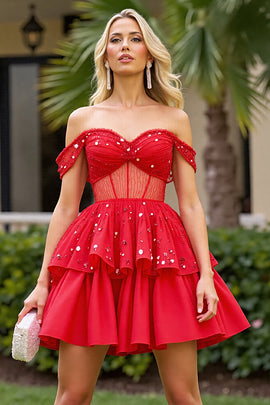 Sparkly Red Corset A Line Off the Shoulder Short Homecoming Dress