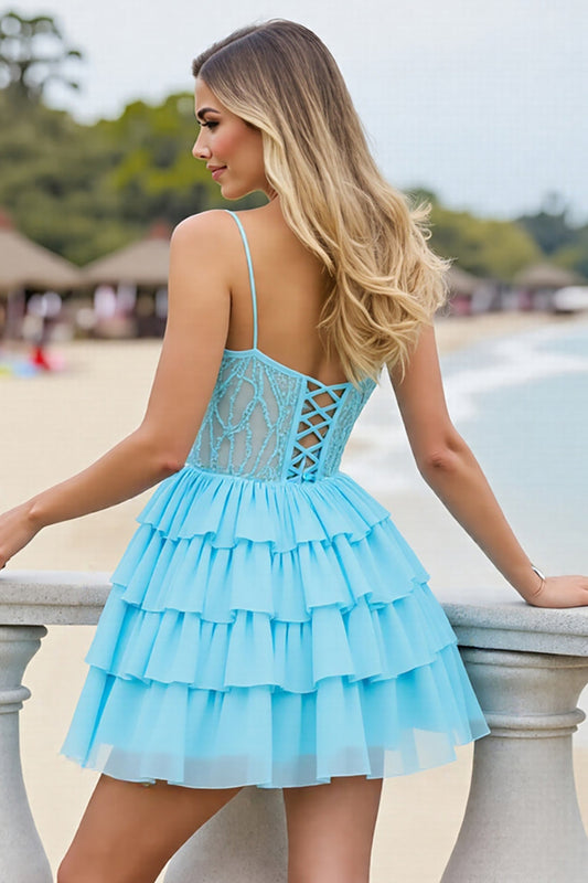 Light Blue Corset Tulle A Line Short Homecoming Dress with Appliques
