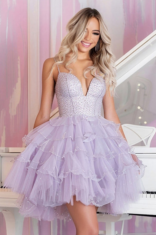 Sparkly Lilac Tulle Short A Line Homecoming Dress with Beading