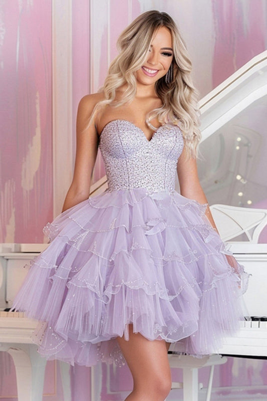 Sparkly Lilac A Line Beaded Tulle Short Homecoming Dress