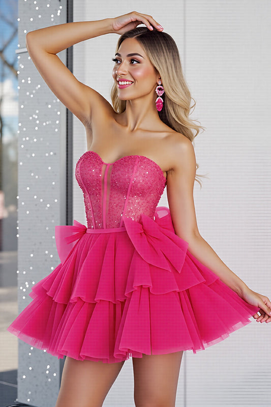 Sparkly Fuchsia A Line Tulle Short Corset Homecoming Dress with Bows