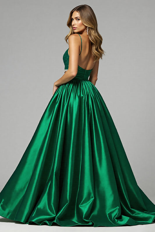 Sparkly Dark Green A Line V-Neck Long Prom Dress with Slit