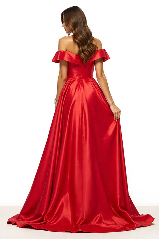 Red Off the Shoulder Satin A Line Long Prom Dress with Slit