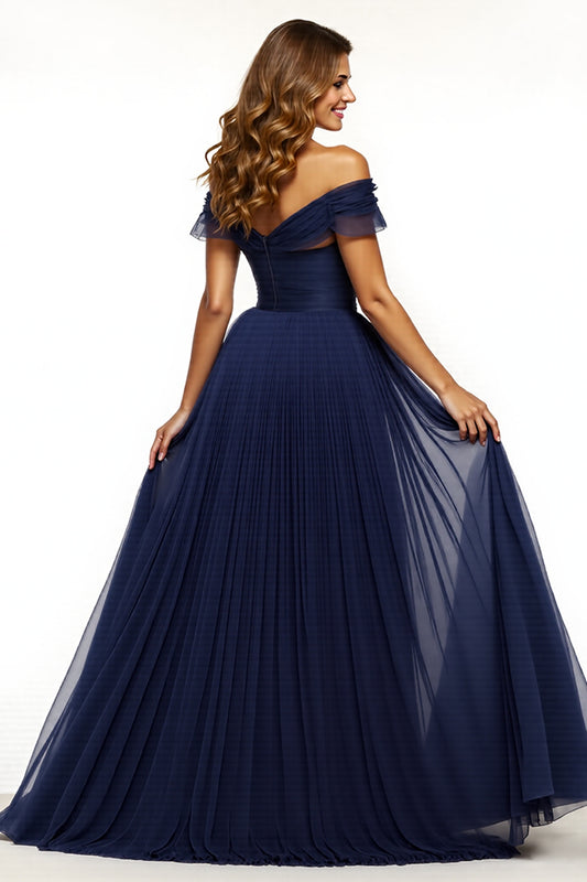 Navy A Line Off the Shoulder Long Prom Dress with Slit