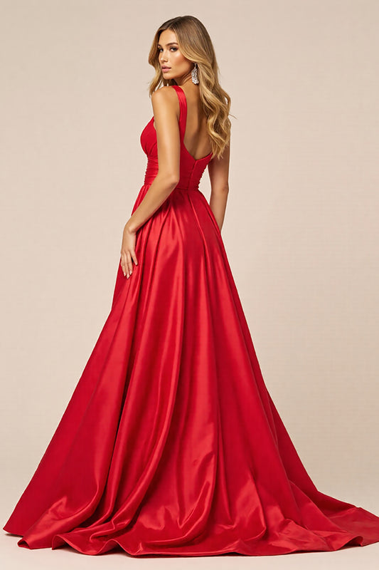 Red Satin A Line V-Neck Long Prom Dress with Slit