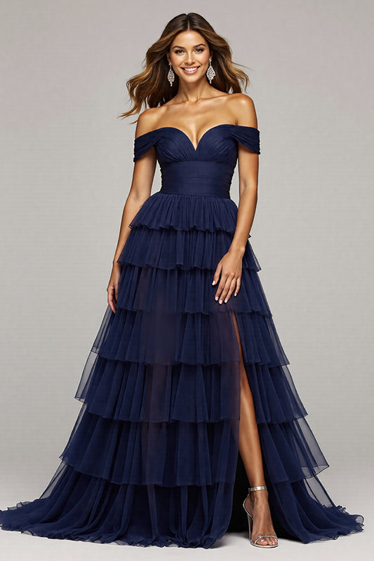 Navy Tulle A Line Off the Shoulder Long Ruffled Prom Dress with Slit
