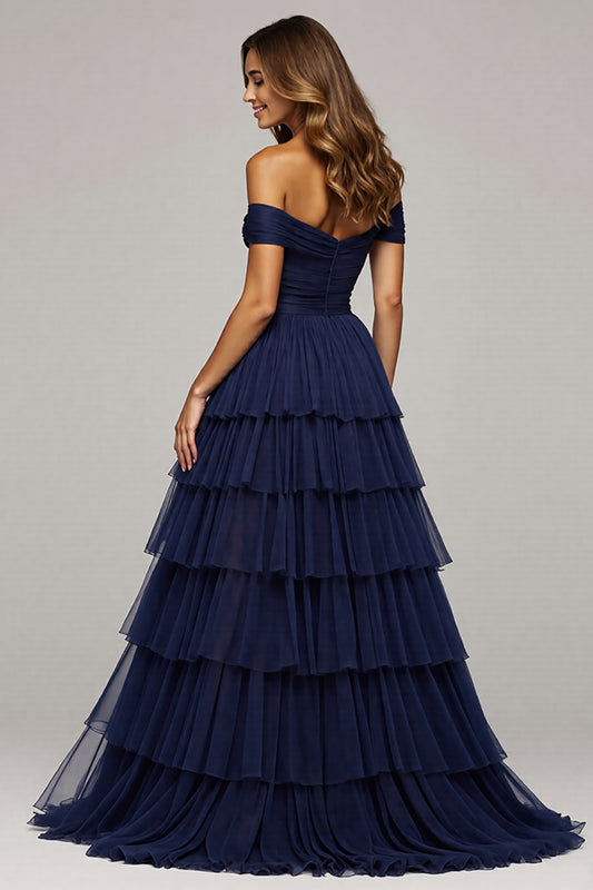 Navy Tulle A Line Off the Shoulder Long Ruffled Prom Dress with Slit