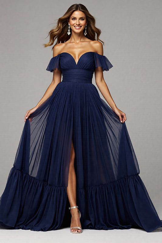 Navy Pleated A Line Off the Shoulder Long Prom Dress with Slit